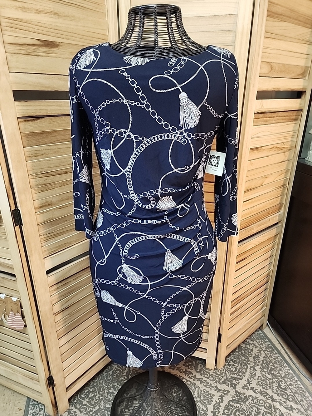 Anne Klein Navy Gold Chain Tassel Print Ruched Sheath Dress Size 12 NWT